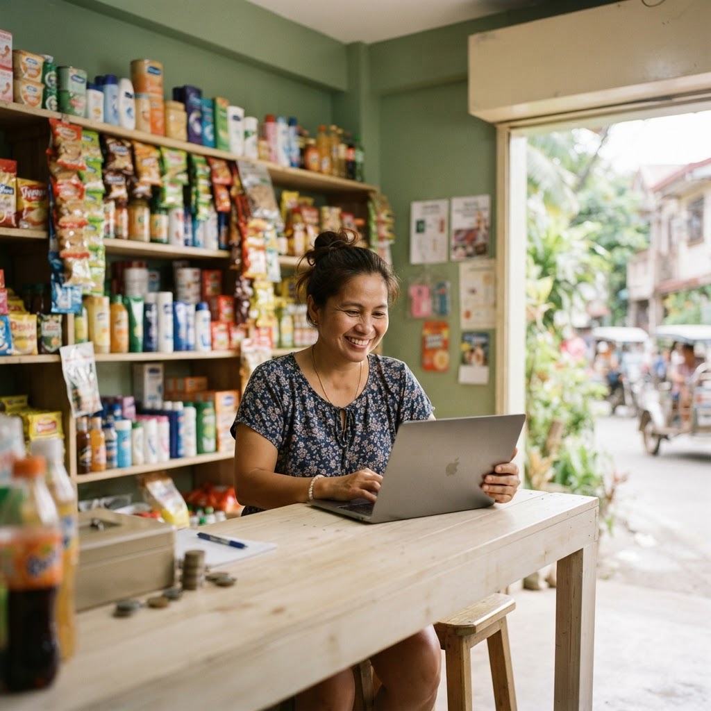 A sari-sari store owner smiling while working on a laptop at her counter
